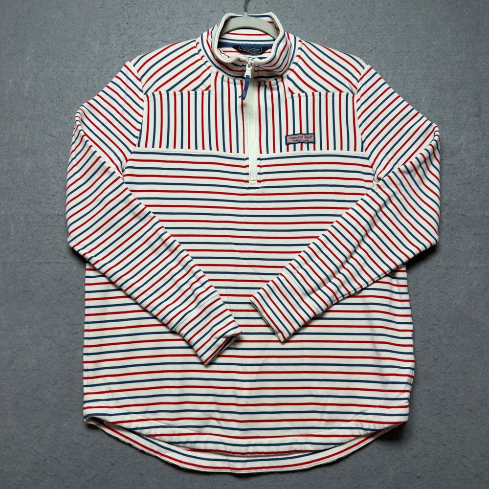 Vineyard Vines Womens The Shep Shirt Red Blue Striped Quarter Zip Pullover L